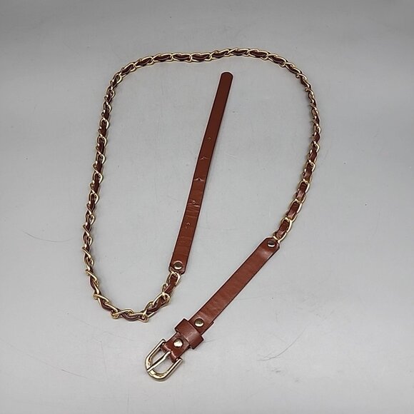 Faux Leather Belt Interlaced Chain Link Brown and Gold 46" - Picture 1 of 3